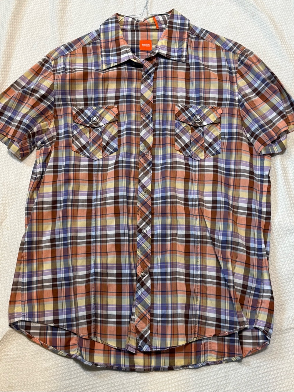Hugo Boss Short-Sleeve Plaid Button-Down Shirt in Orange, Purple, Brown